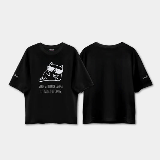 Black t-shirt with a graphic and text on a white background