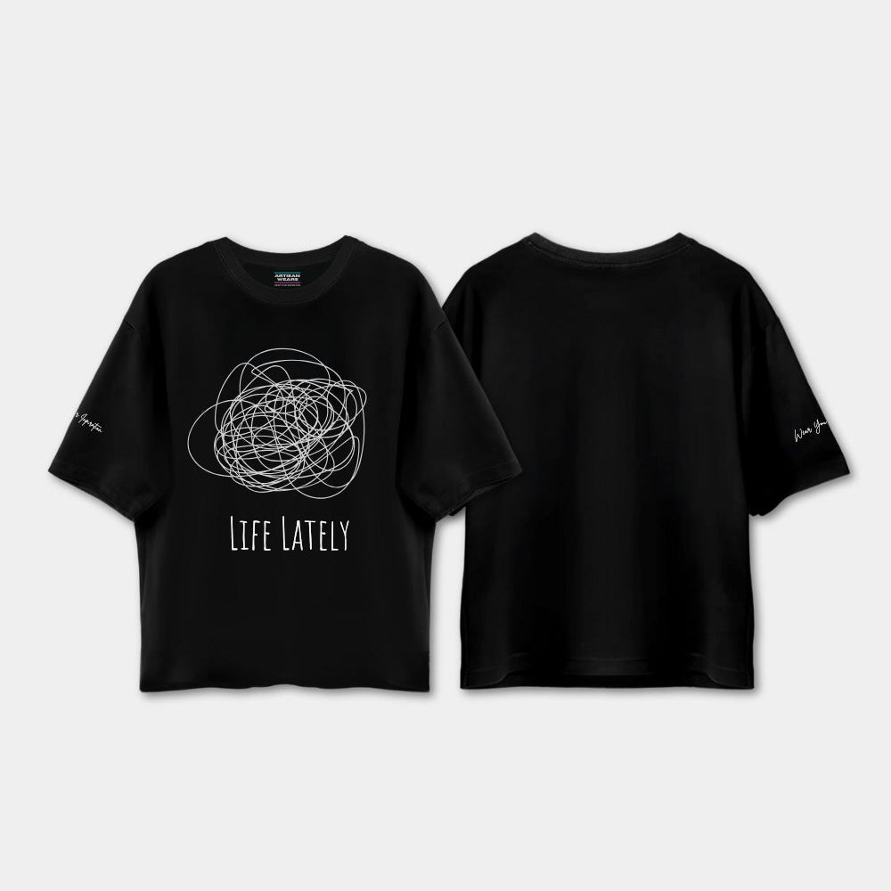 Black t-shirt with 'Life Lately' design on a light gray background