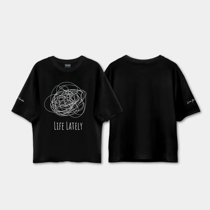 Black t-shirt with 'Life Lately' design on a light gray background