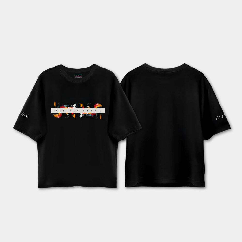 Black t-shirt with front and back designs on a light gray background