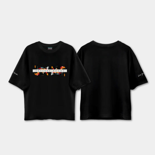 Black t-shirt with front and back designs on a light gray background
