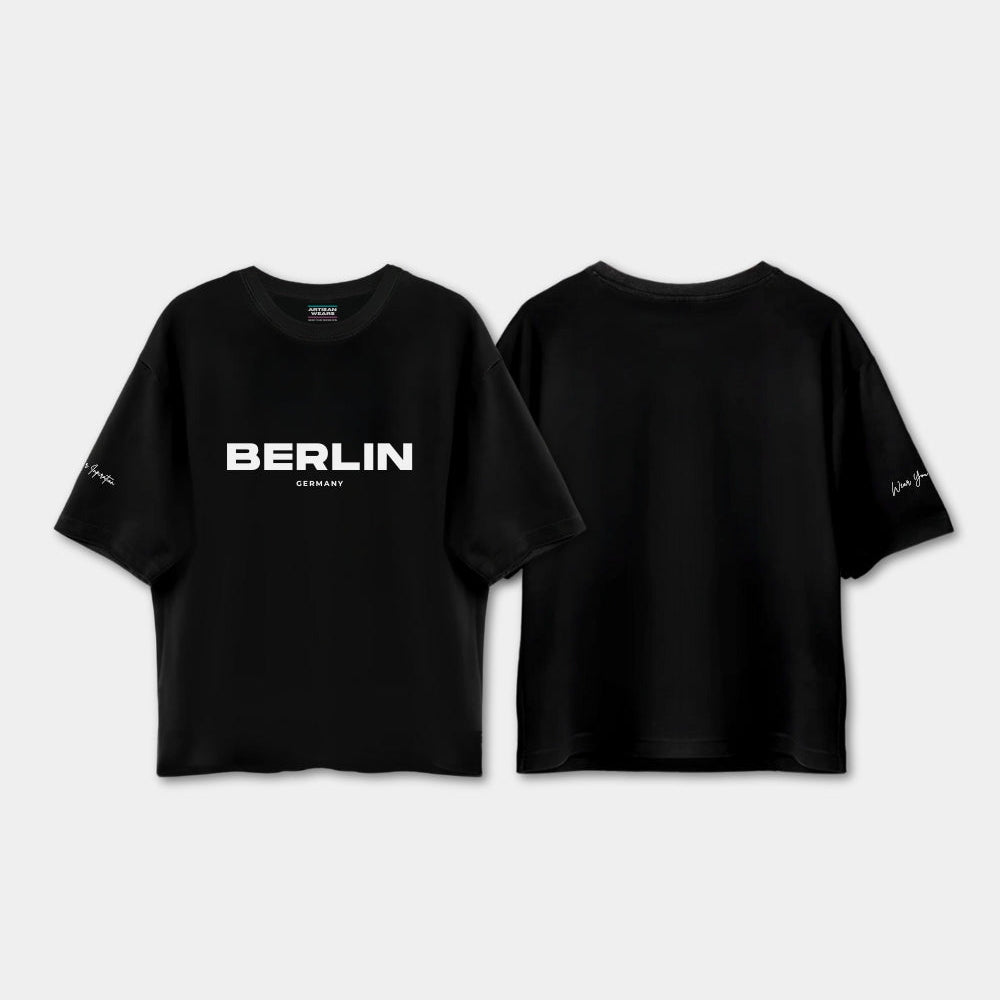 Black t-shirt with 'BERLIN' text on a white background