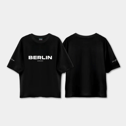 Black t-shirt with 'BERLIN' text on a white background