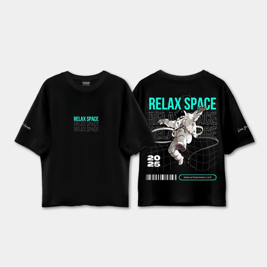 Black t-shirt with 'Relax Space' design on front and back on a white background