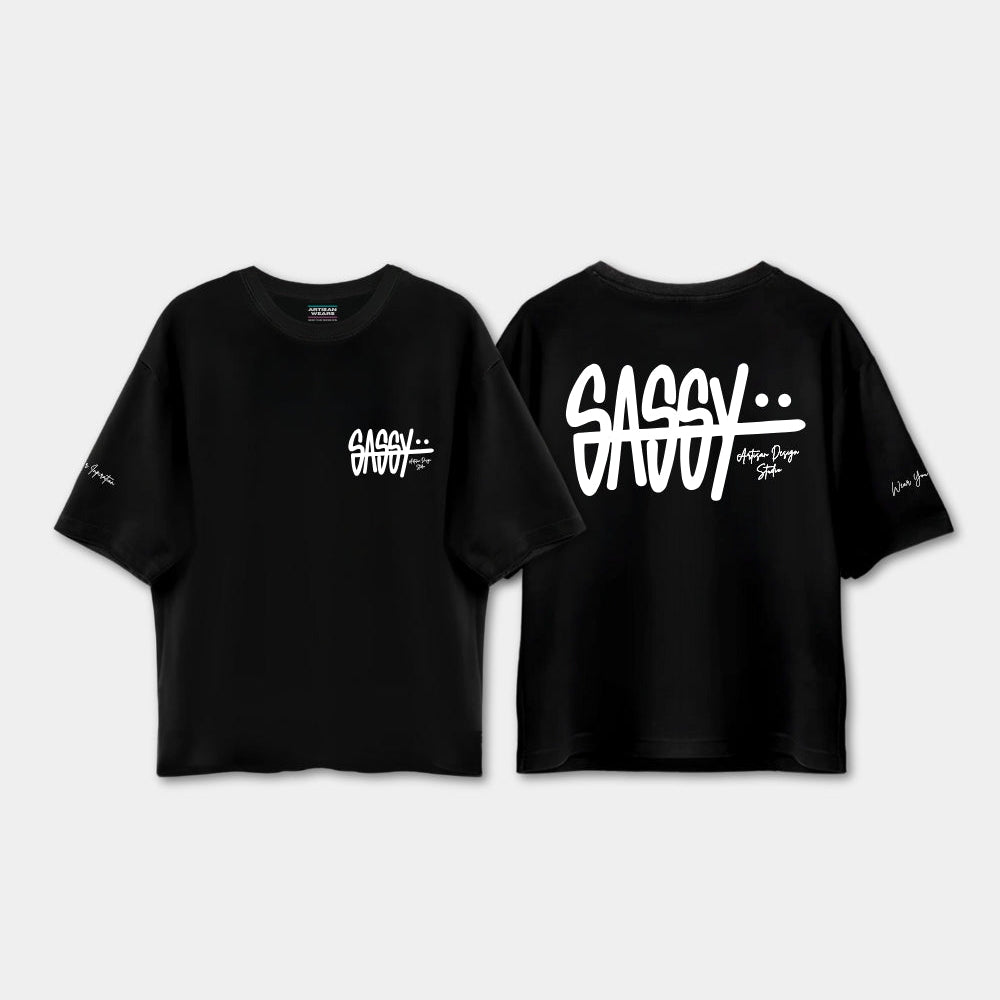 Black t-shirt with 'SASSY' text on a light gray background
