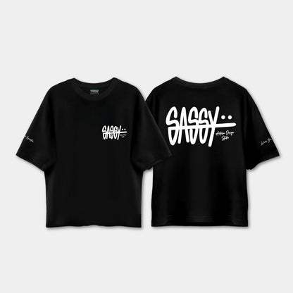 Black t-shirt with 'SASSY' text on a light gray background