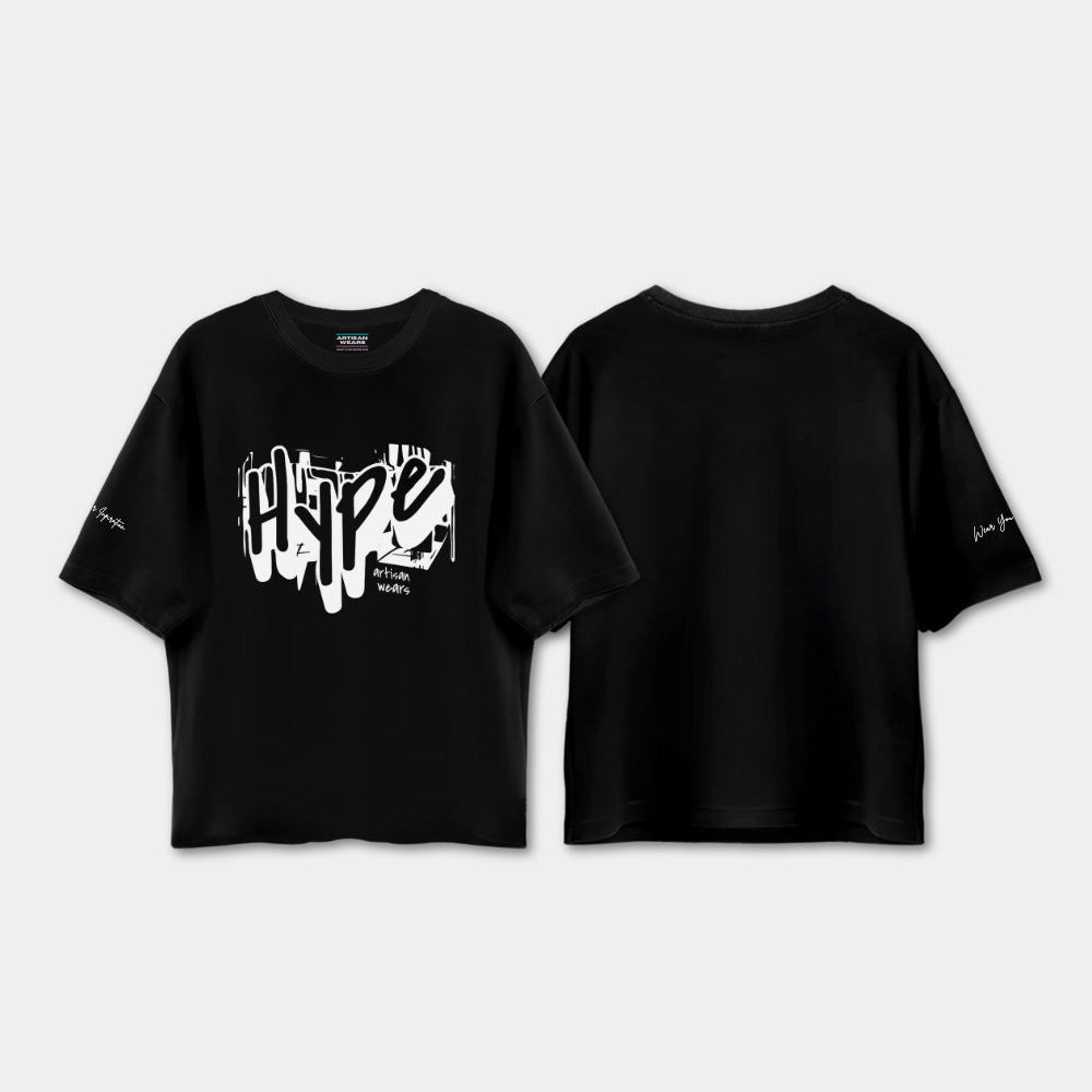 Black t-shirt with 'HYPE' design on front and back, on a light gray background