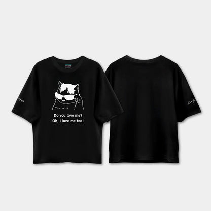 Black t-shirt with a graphic and text on a white background