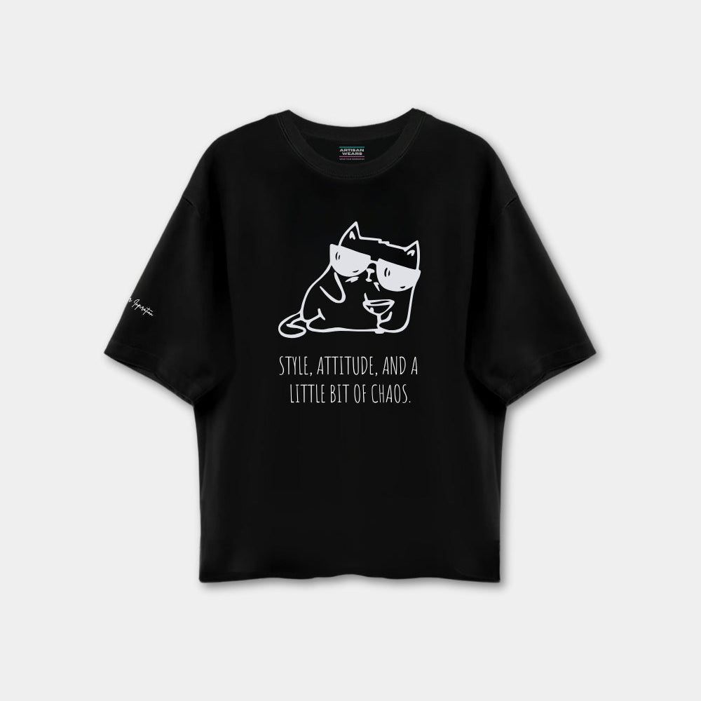 Black t-shirt with a graphic of a cat and text on a white background