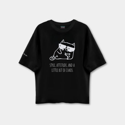Black t-shirt with a graphic of a cat and text on a white background