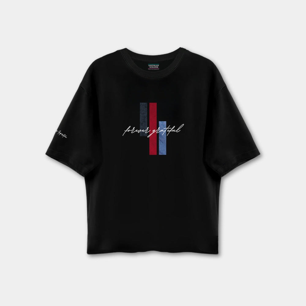 Black t-shirt with a graphic design on a white background
