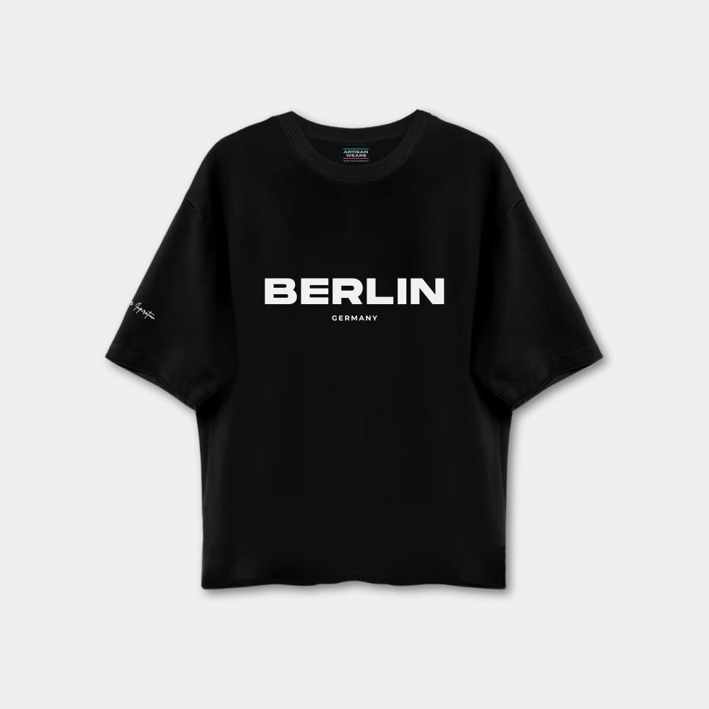 Black t-shirt with 'BERLIN GERMANY' text on a white background