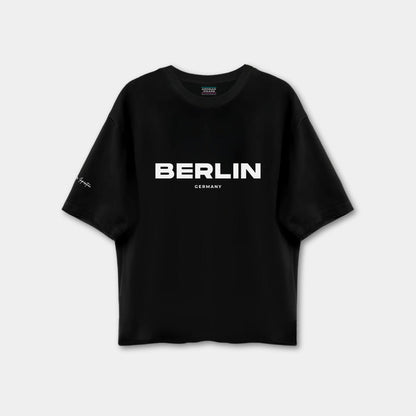 Black t-shirt with 'BERLIN GERMANY' text on a white background