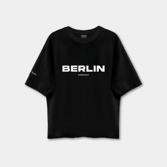 Black t-shirt with 'BERLIN GERMANY' text on a white background
