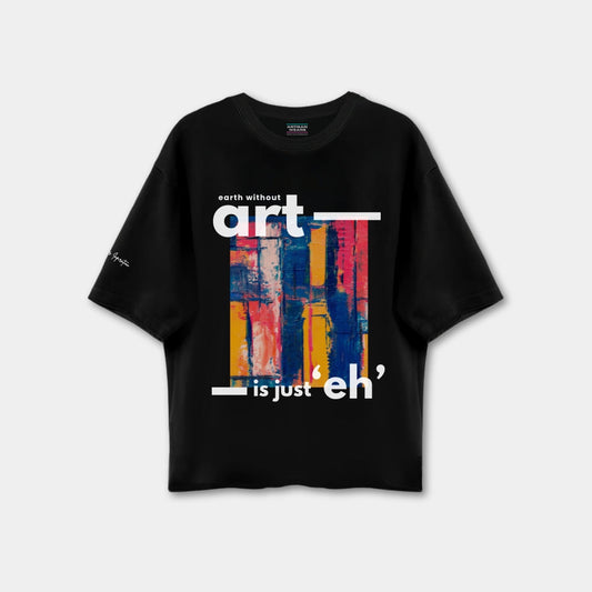 Black t-shirt with colorful design and text on a white background