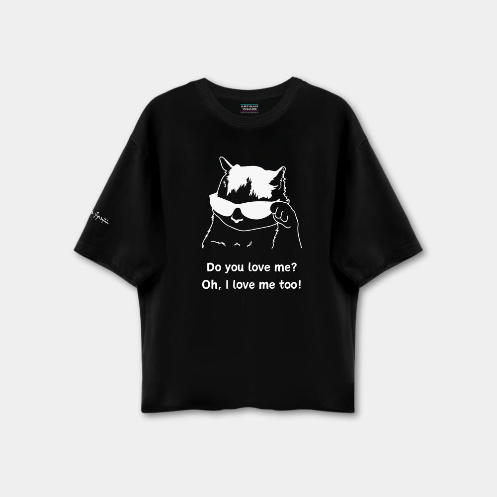 Black t-shirt with a graphic of a cat and text on a white background
