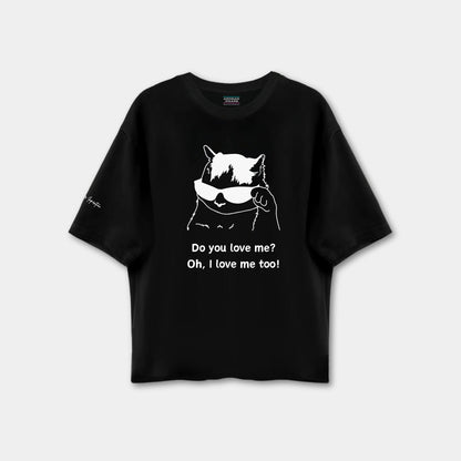 Black t-shirt with a graphic of a cat and text on a white background