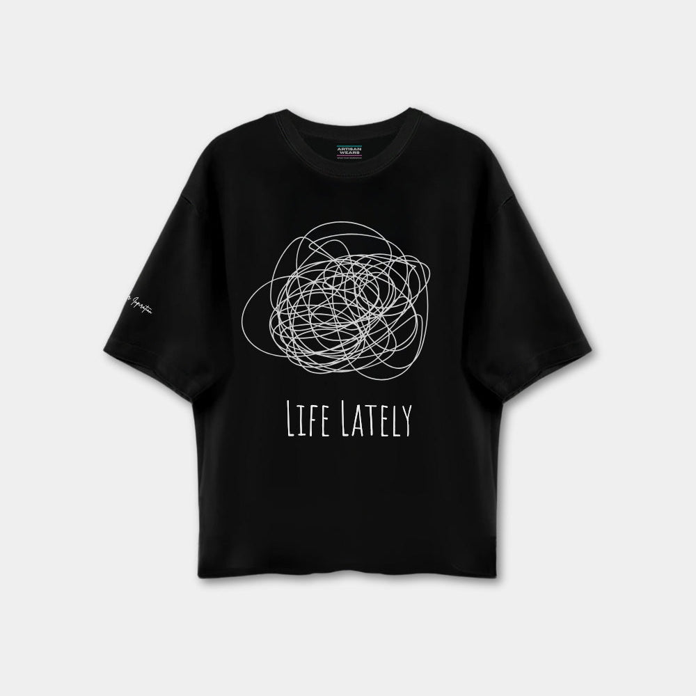 Black t-shirt with white graphic and text 'Life Lately' on a light gray background