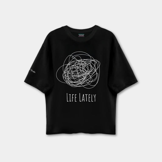 Black t-shirt with white graphic and text 'Life Lately' on a light gray background