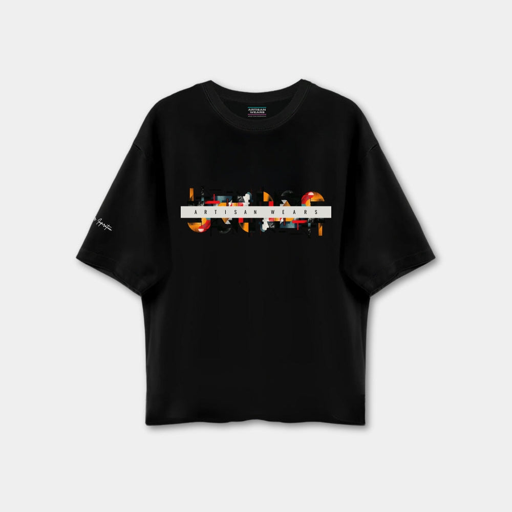 Black t-shirt with colorful graphic design on a white background
