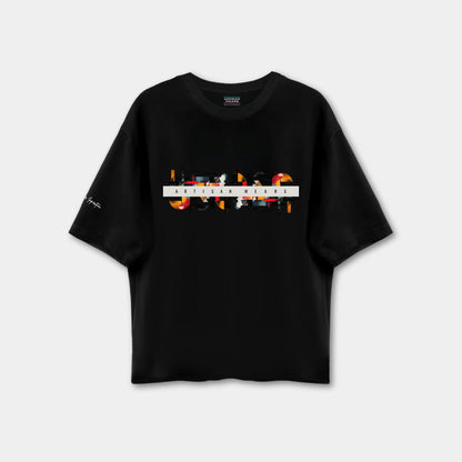Black t-shirt with colorful graphic design on a white background