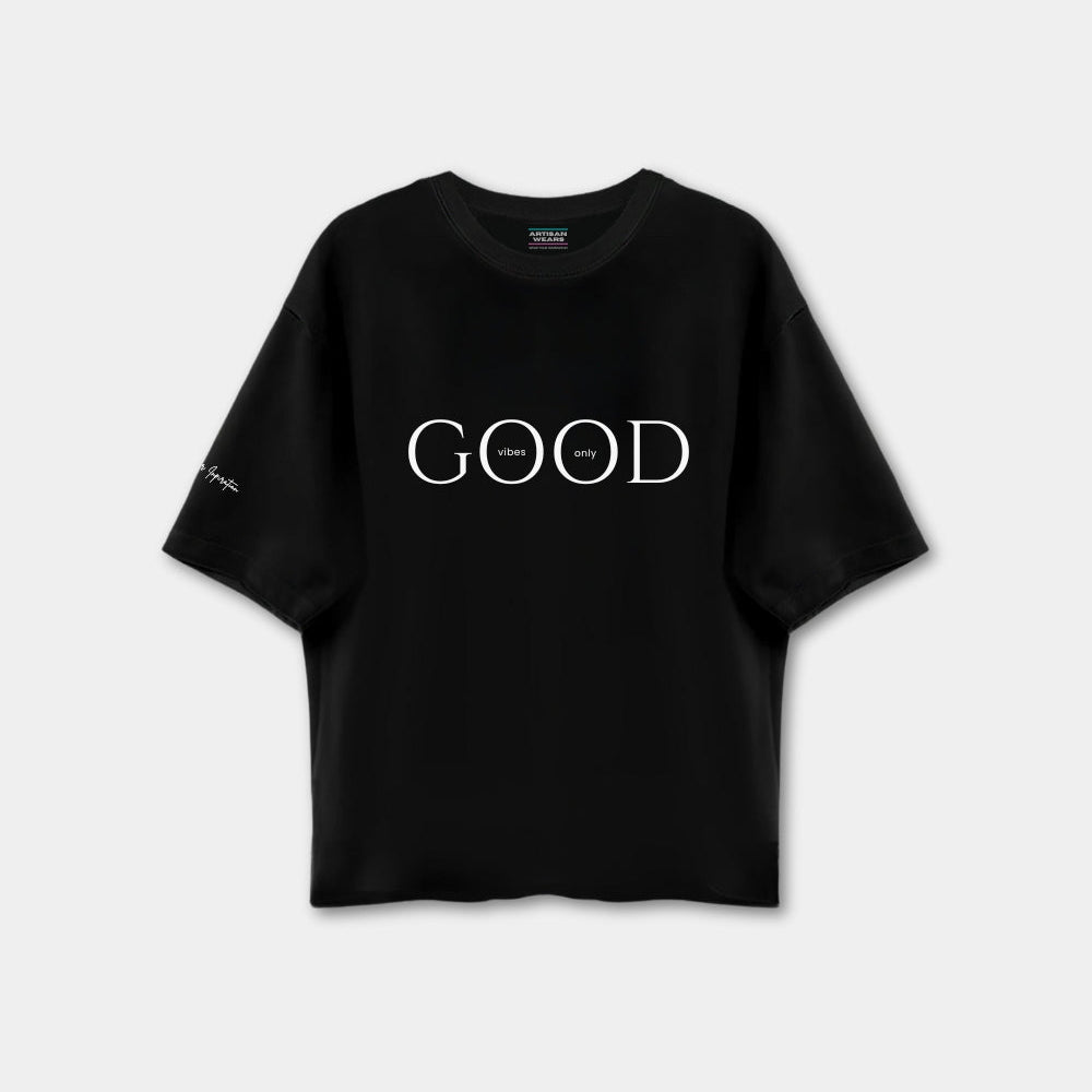 Black t-shirt with 'GOOD' printed on it against a white background
