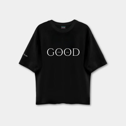 Black t-shirt with 'GOOD' printed on it against a white background