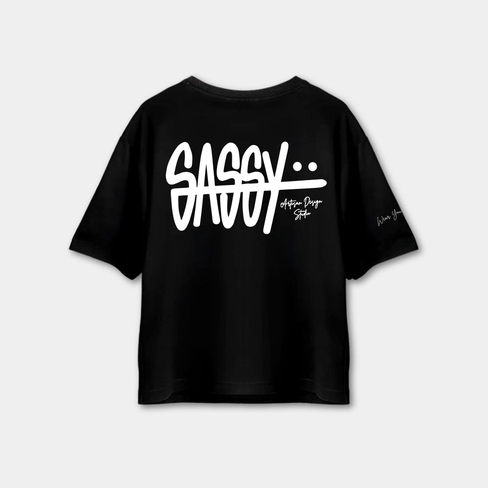 Black t-shirt with 'SASSY' text on a white background
