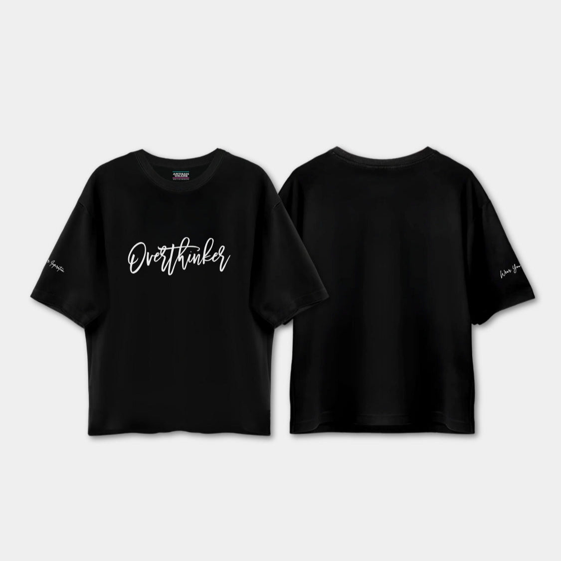 Black t-shirt with 'Overthinker' text on a light gray background