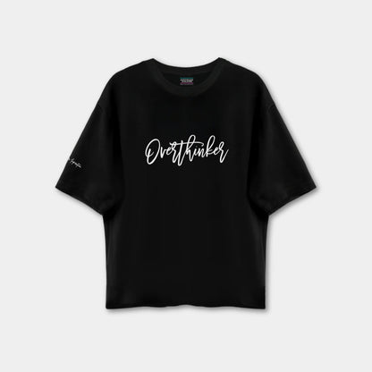 Black t-shirt with 'Overthinker' text on a white background