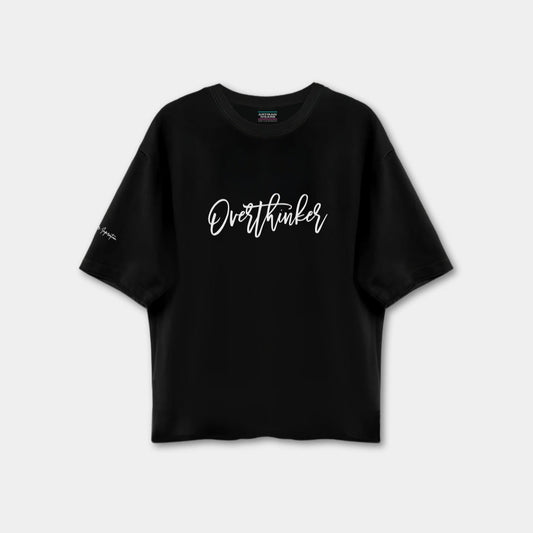 Black t-shirt with 'Overthinker' text on a white background