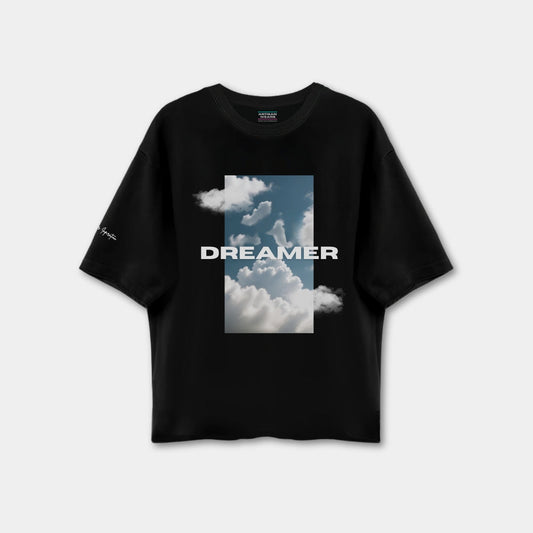 Black t-shirt with a graphic of clouds and the word 'DREAMER' on a white background