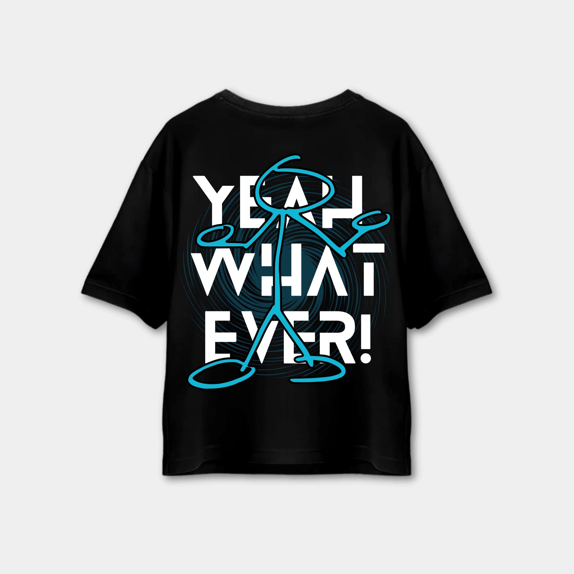 Black t-shirt with white text and blue graphic on a light gray background
